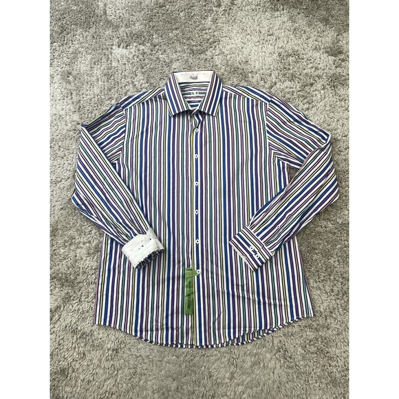 Bugatchi Uomo Shirt Mens Large Multicolor Striped Shaped Fit Contrast Cuffs - Picture 1 of 11